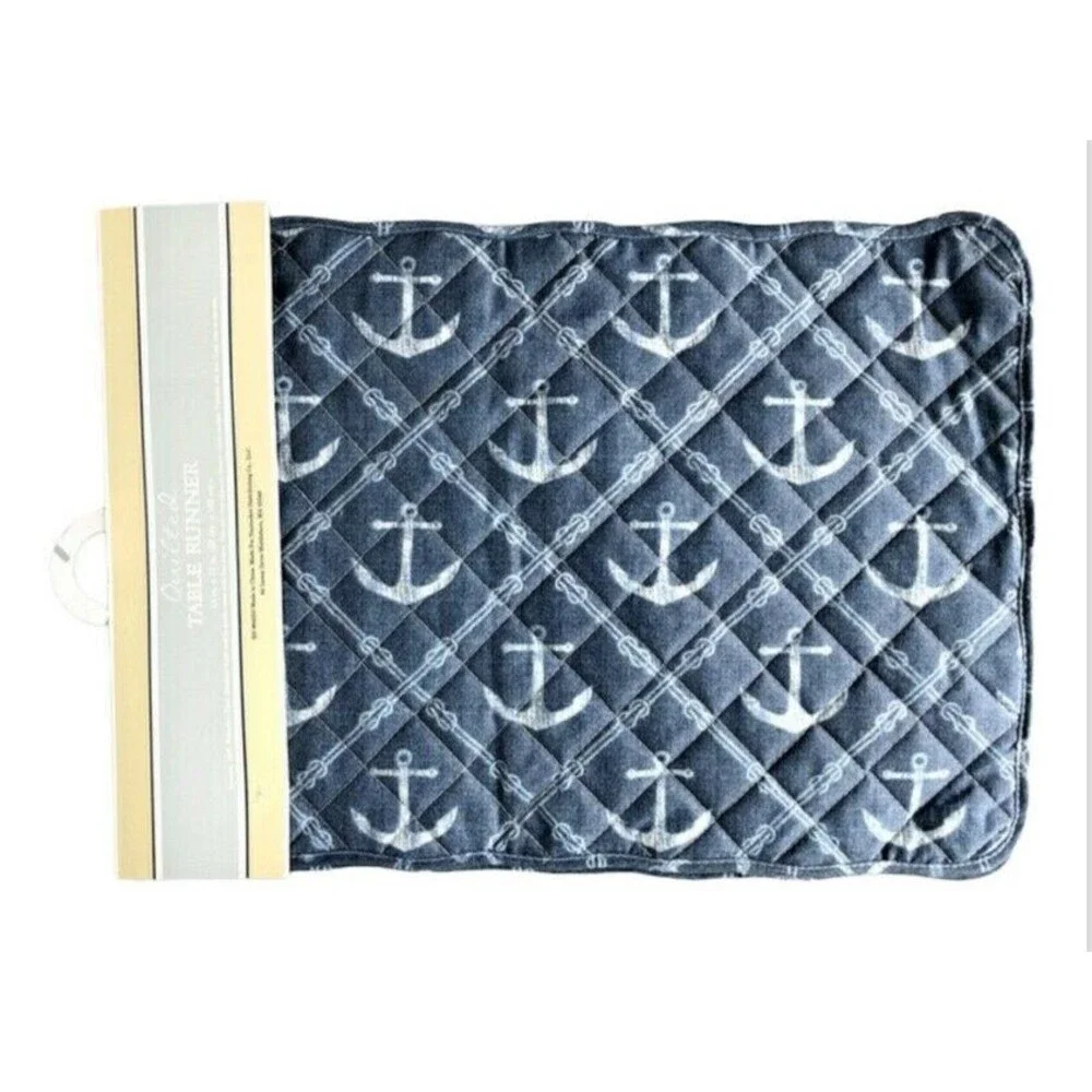 Anchor Table Runner 13x72 Reversible Quilted Blue Plaid Coastal Beach Summer
